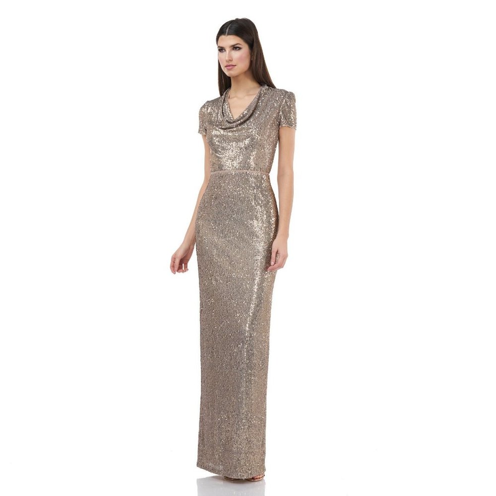 JS Collection Cowlneck Short Sleeves Sequins Gown